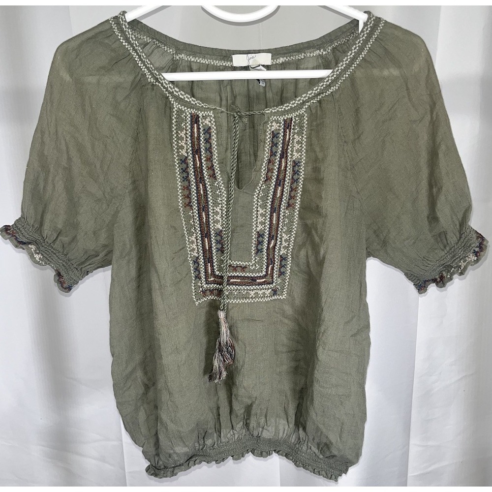 Joie Olive Green Embroidered Cotton Blouse Tassel Boho Peasant Top Small S